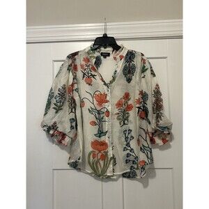 GiGiO Women’s Size Medium Floral Button Blouse White Puffy Sleeve Semi Sheer Top